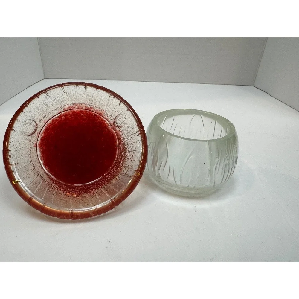 Vintage Red Lucite‎ Resin Mushroom Trinket Jar Clear Ribbed Base Whimsical